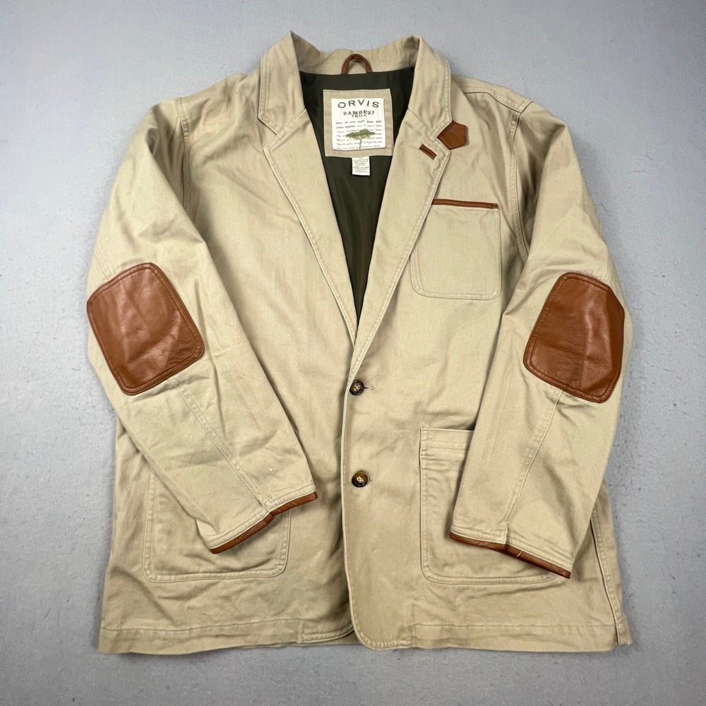 Orvis Zambezi Twill Blazer Mens 46 Beige Cotton Safari Jacket Elbow Patch Rugged